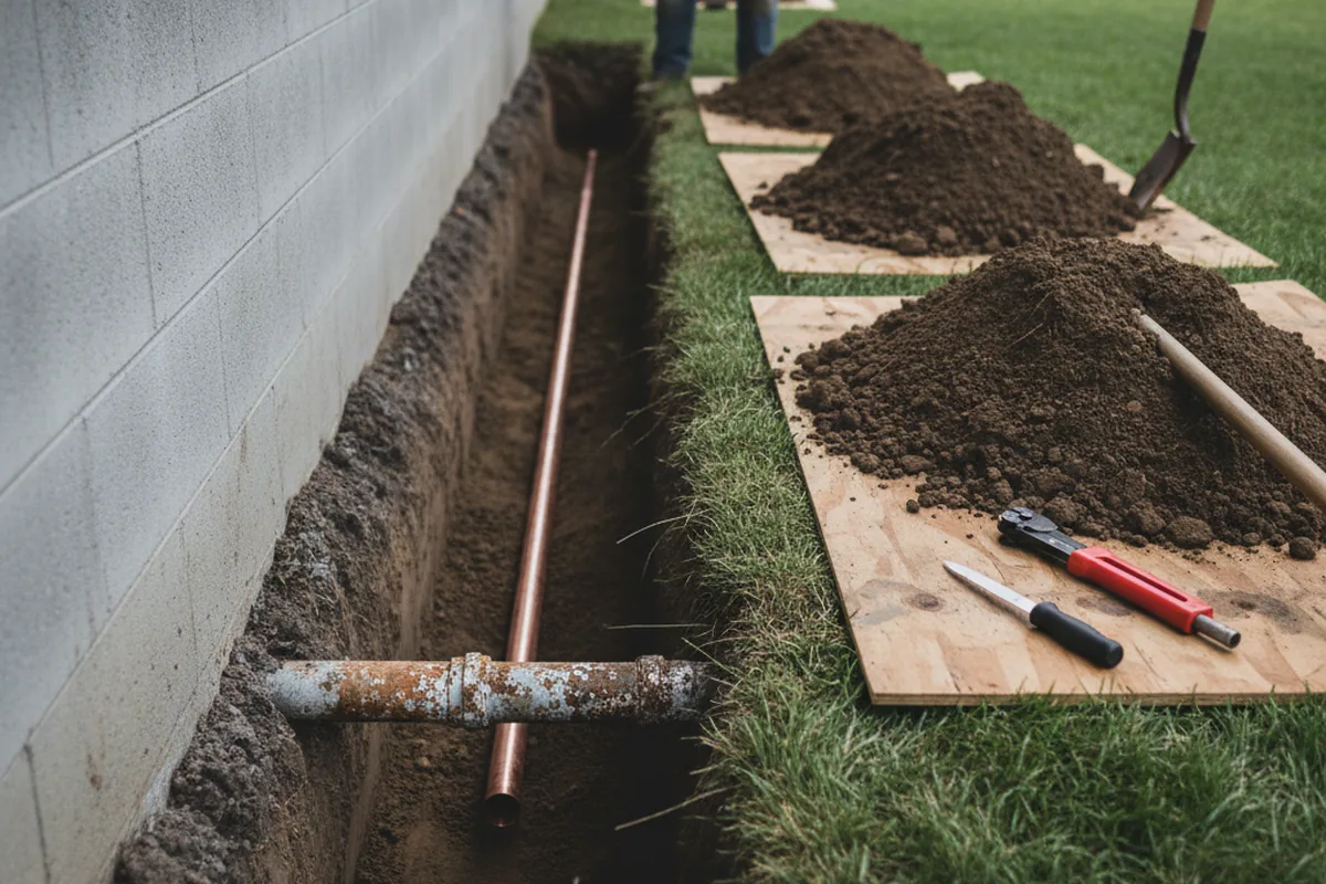 Excavated water line trench during Sewer Line Repair in Long Beach